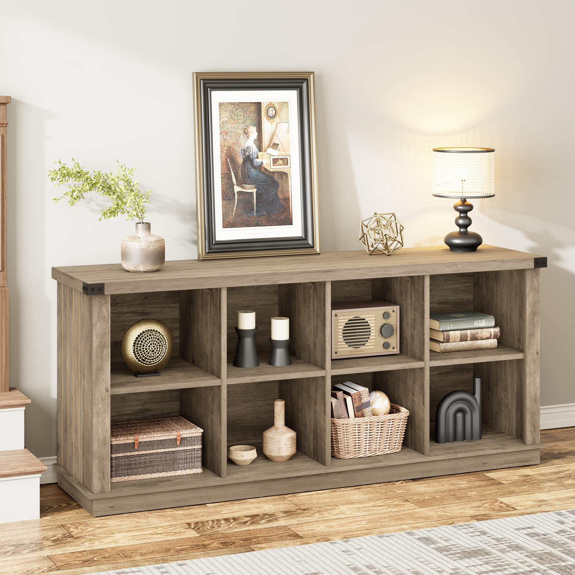 Ataucjin 8 Cube Storage Organizer Bookshelf,3 Tier Farmhouse Horizontal Bookcase,62 Inch Wood Storage Bookcase for Entryway, Long Low Bookshelves for Living Room