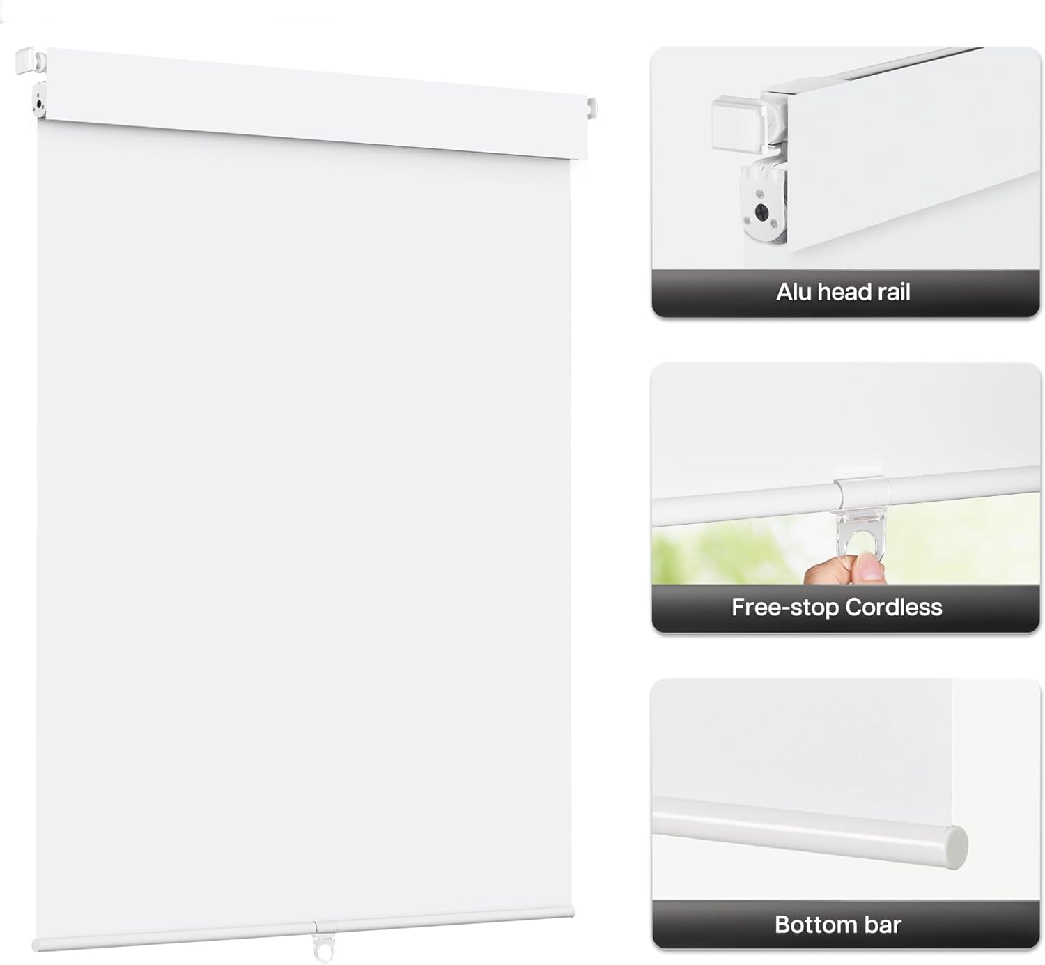 LazBlinds No Drill Blinds for Indoor Windows, Blackout Roller Shades, Cordless Window Blinds, Thermal Insulated Fabric UV Protection, for in Home and Office, 34.5" W x 72" H, White