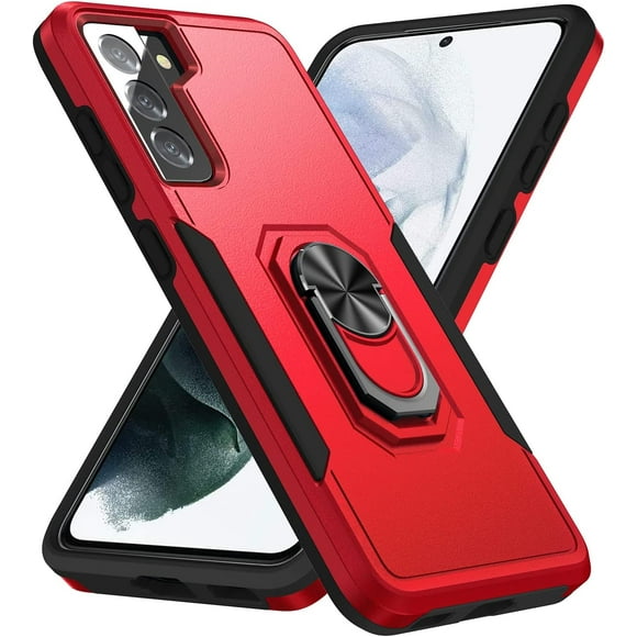 Étui de Téléphone Compatible avec Samsung Galaxy S21 6,2 Pouces, Étui de Téléphone Cellulaire Galaxy S21 5g à Double Couche Étanche et Antichoc avec Rotation à 360°, Anneau et Béquille, Support Magnétique pour Voiture (Rouge+noir)