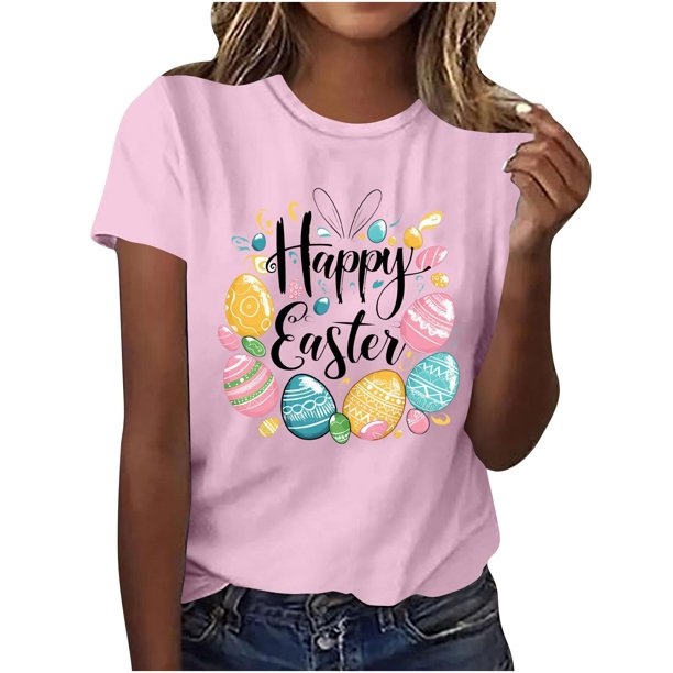 Mujeres de Manga Corta Tops Casual Nuevo Cuello Redondo Pascua, Ligera Camiseta de Poliéster Spandex