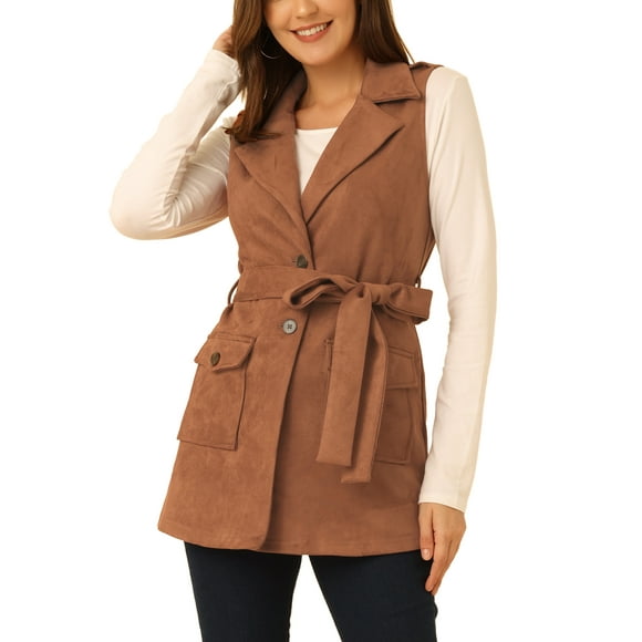 INSPIRE CHIC Chaleco sin mangas de ante con cinturón de lazo y solapa para mujer, de corte sencillo y elegante, talla XL, color caramelo