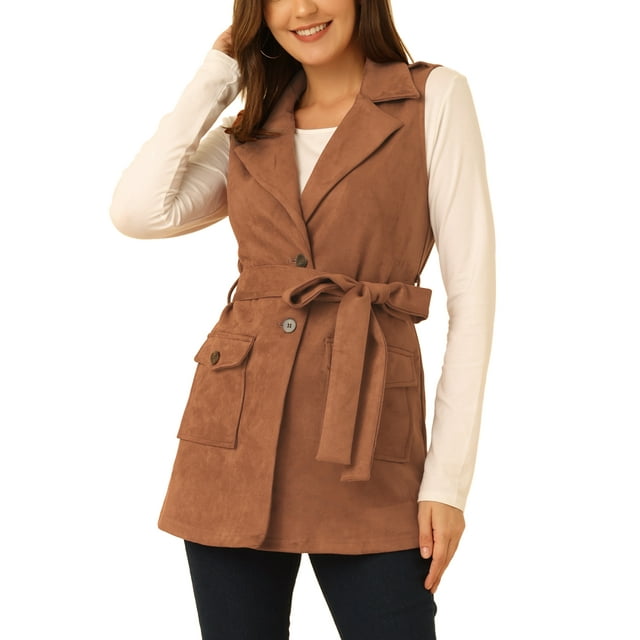 INSPIRAR CHIC Chaleco sin mangas de ante con cinturón de lazo y solapa para mujer, de corte sencillo, color caramelo, talla L