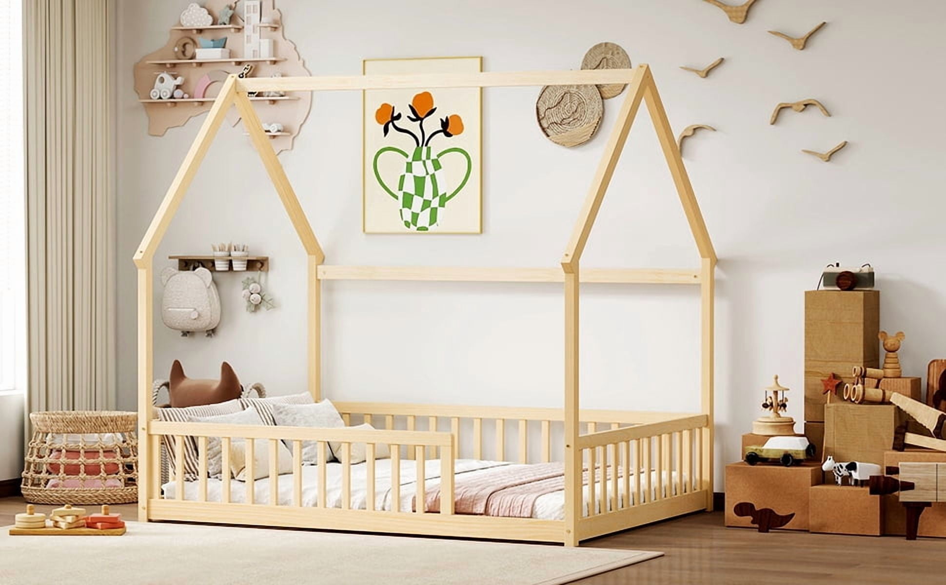Full Size House Floor Bed with Roof Frame, Pine Wood Floor Bed with Safety Guardrails, Natural