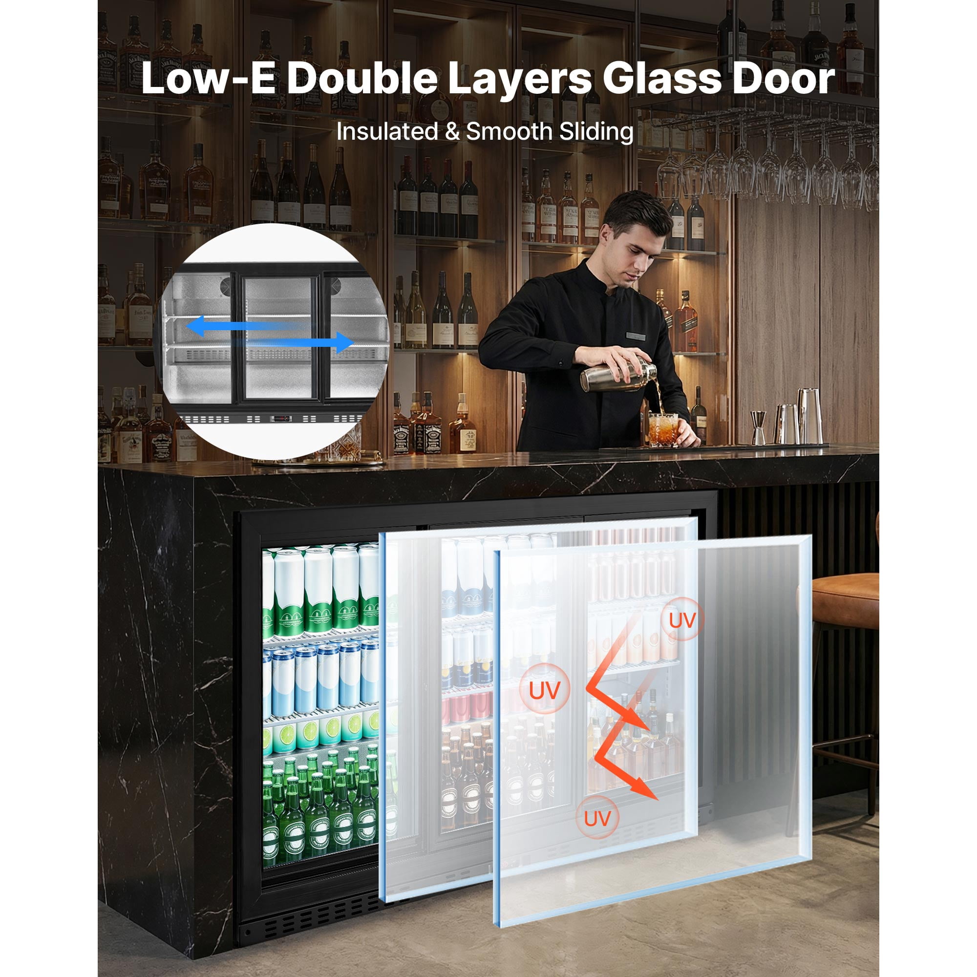 KFFKFF Commercial Back Bar Cooler, 11.4 Cu.Ft Beverage Refrigerator with 3 Sliding Glass Doors, Fan Cooling System, LED Lighting, Adjustable Shelves, and Low-E Glass for Drinks in Bars or Stores