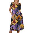 thumbnail image 5 of Women's Halloween Print Round Neck Dress with Pockets Short Sleeve Loose Midi Casual Dress for Women Fall Outfit Daily Wear Purple M, 5 of 6