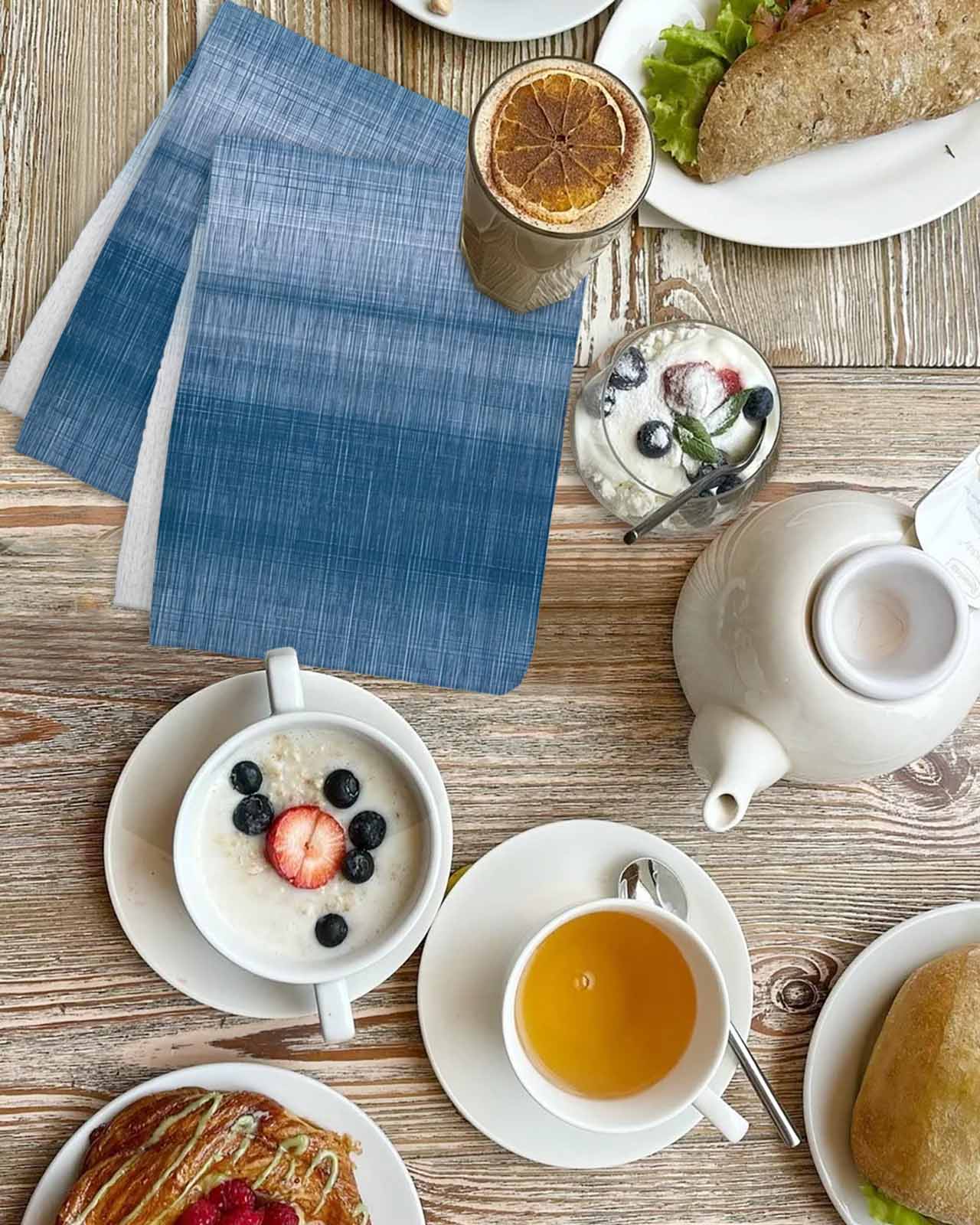 Haze Blue White Ombre Kitchen Dish Towels for Drying Dishes Set of 3, Vintage Gradient Striped Aesthetics Waffle Weave Microfiber Terry Hand Tea Bathroom Towels Quick Dry & Absorbent Towel 15.7x23.6