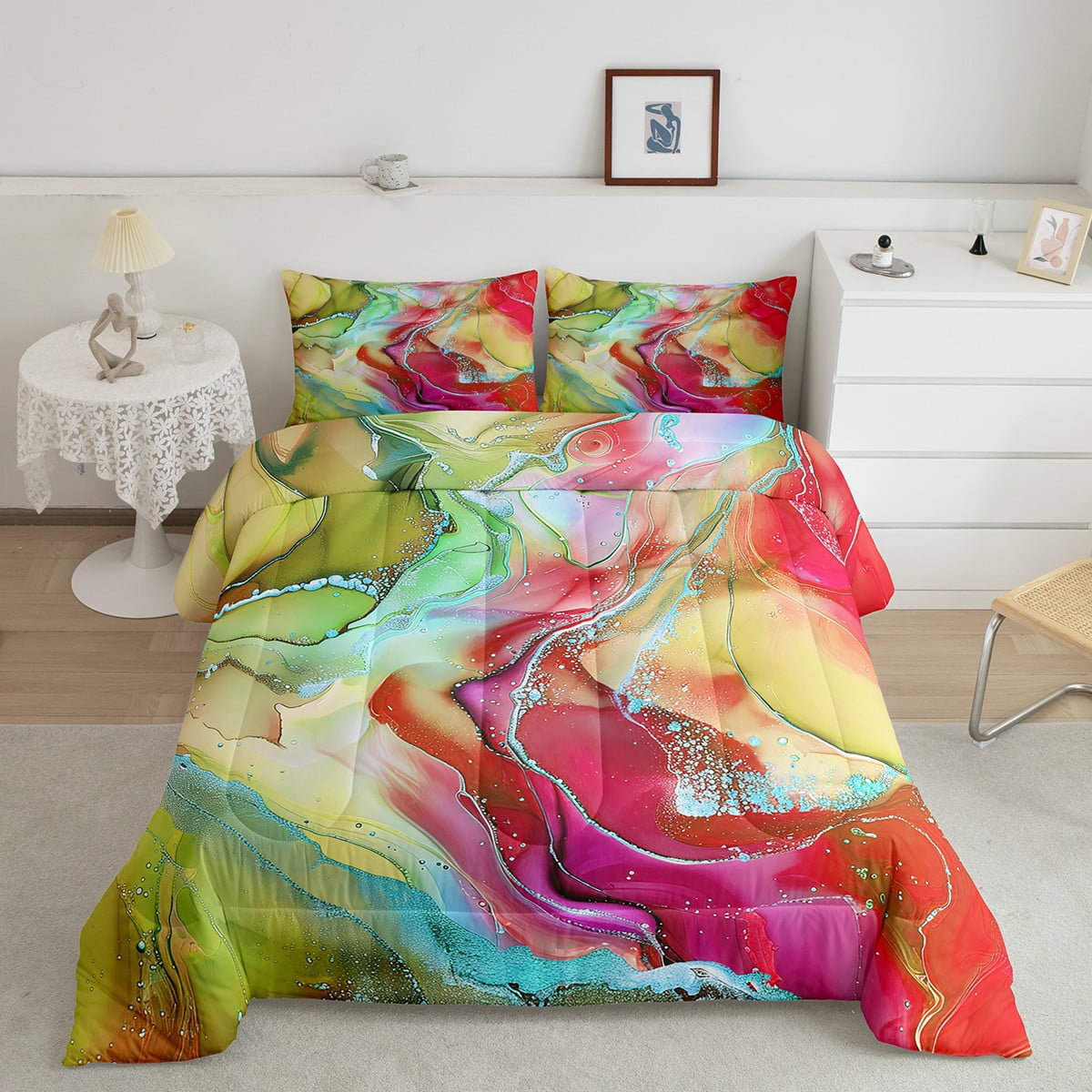 Erosebridal Chic Marble Bedding Full Size Yellow Red Watercolor Comforter Set Full, Colorful Tie Dyed Duvet Insert Aesthetic Marbling Quilt Comforter, Stone Pattern Bedding Comforters & Sets