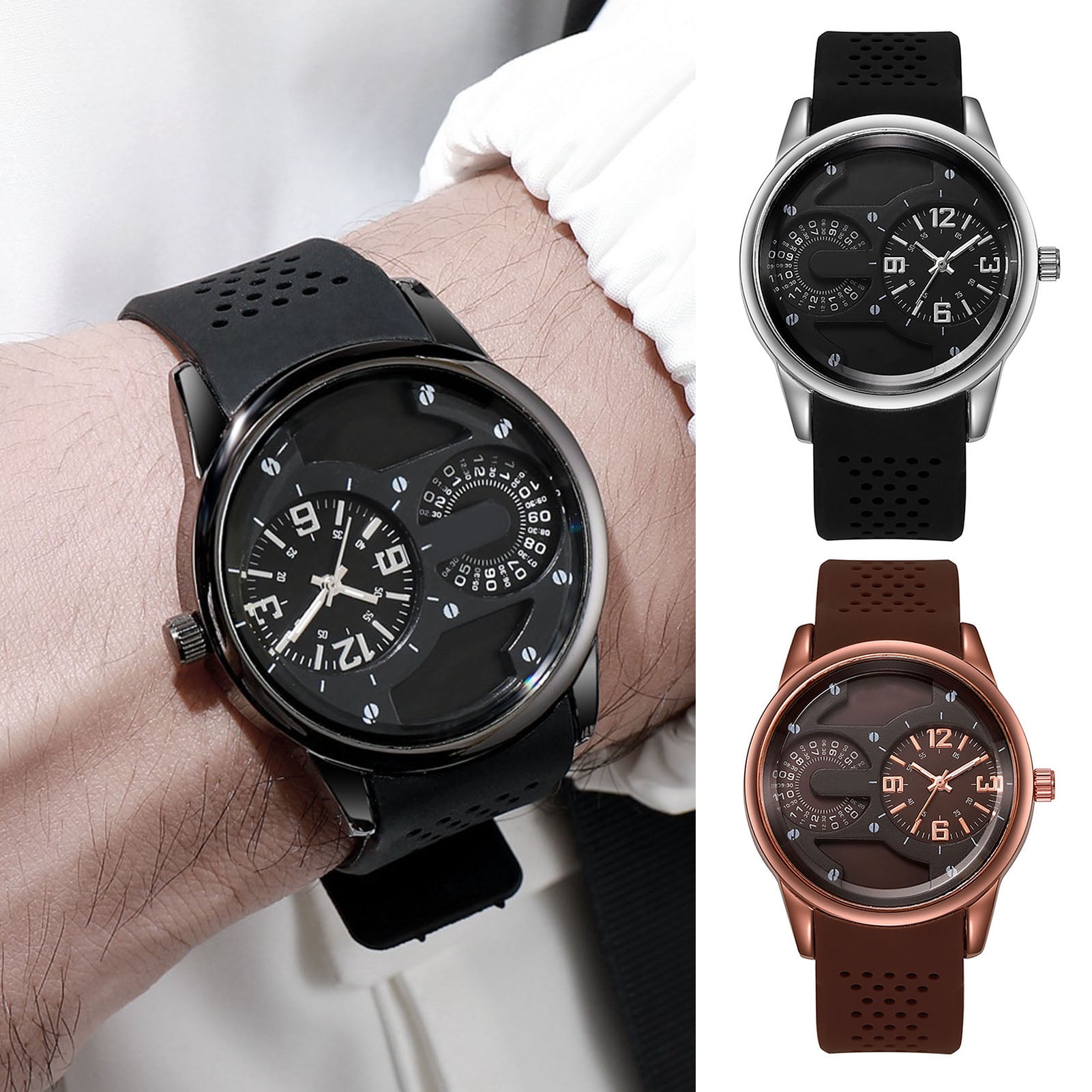 Wharick Men Watch Dual Round Dial Silicone Strap Pin Buckle