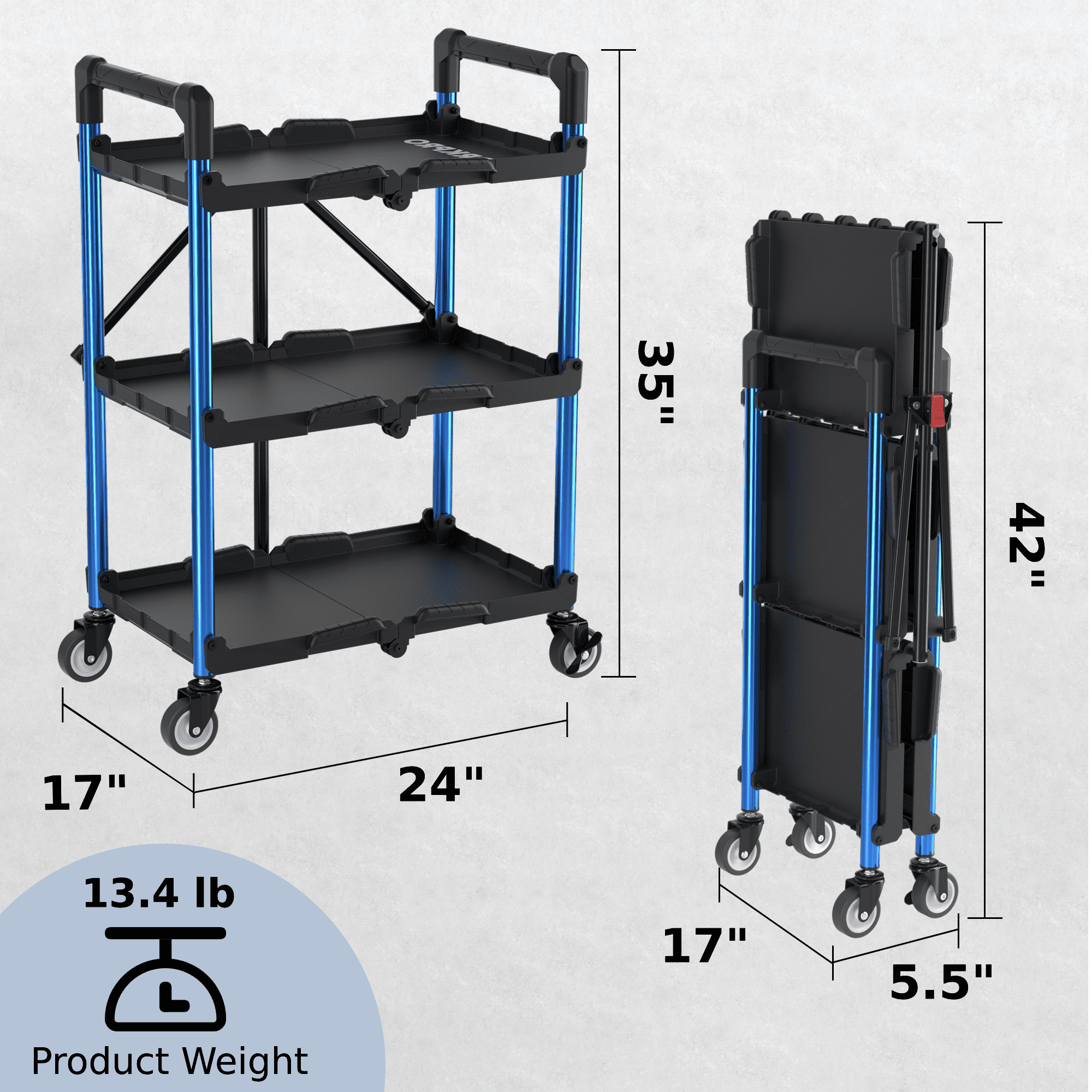 WORKPRO 3-Tier Folding Collapsible Service Cart with Wheels, 210 Lbs Loading Capacity, Foldable Rolling Utility Cart for Garage, Warehouse, Home, Restaurant, Office