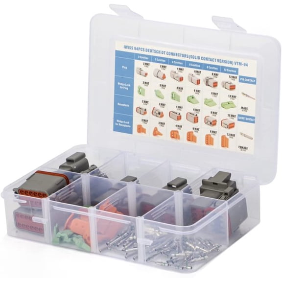 iCrimp Deutsch DT Connector Kit in 2, 3, 4, 6, 8, 12 Pin Configurations(1 Set), Size16 Solid Pin Version, Waterproof Electrical Wire Connectors, 94PCS