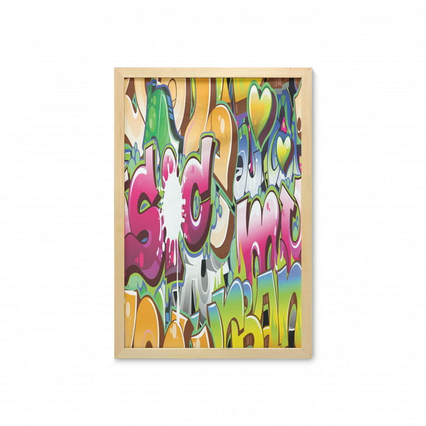 Urban Graffiti Wall Art With Frame Throwie Style Wall Graffiti Of Bubble Letters Partially Overlapping Words Printed Fabric Poster For Bathroom Living Room 23 X 35 Multicolor By Ambesonne Walmart Com