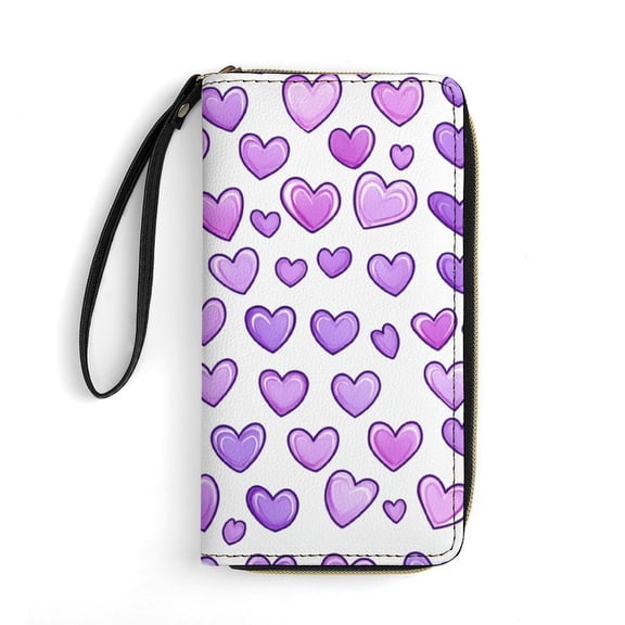 Womens Wallet Bifold Ladies Cluth Bag Wristlet Wrist Strap Long Purse Purple Hearts Design