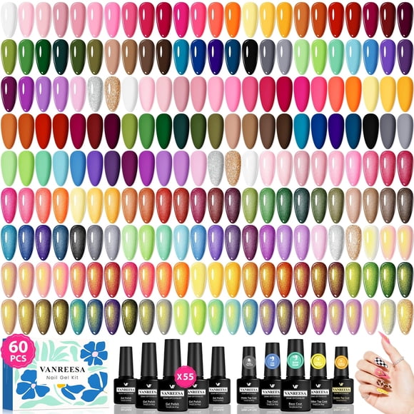 Set de esmaltes de uñas en gel VANREESA, 60 unidades, 55 colores, con base y capa superior