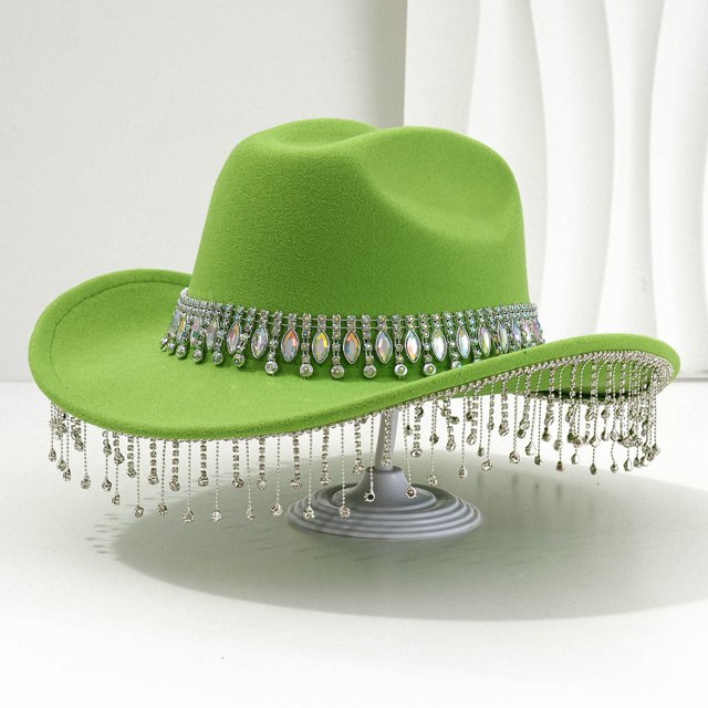 TINZ Stylish Cowboy Hat For Women And Men Western Hat With Large Round Gemstone Fringe Rhinestone Decorations For Parties And Events Cowboy Hat Party Necklace Cowboy Hat