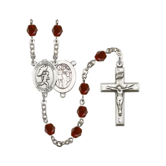 St. Sebastian / Track & Field Silver-Plated Rosary 6mm January Red Fire Polished Beads Crucifix Size 1 3/8 x 3/4 medal charm