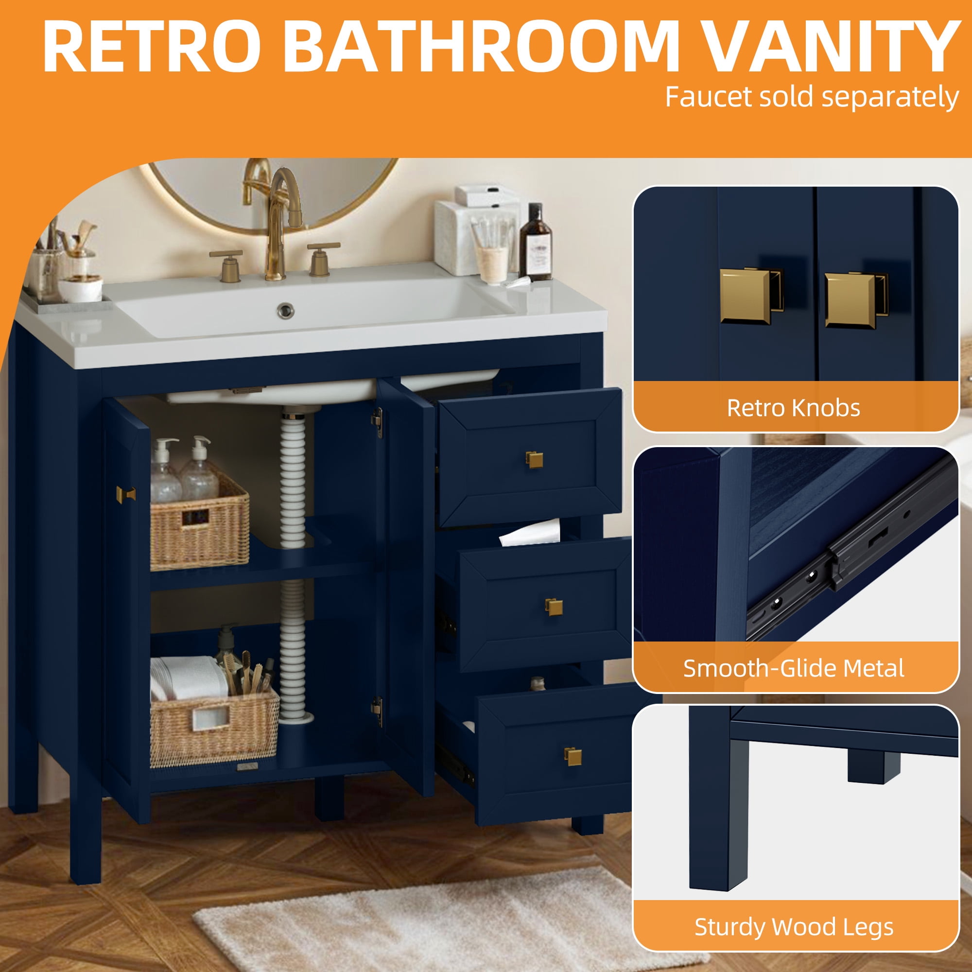 Craftian 36'' Modern Bathroom Vanity with Sink Combo, Freestanding Bathroom Storage Cabinet with Drawers & Doors, Blue