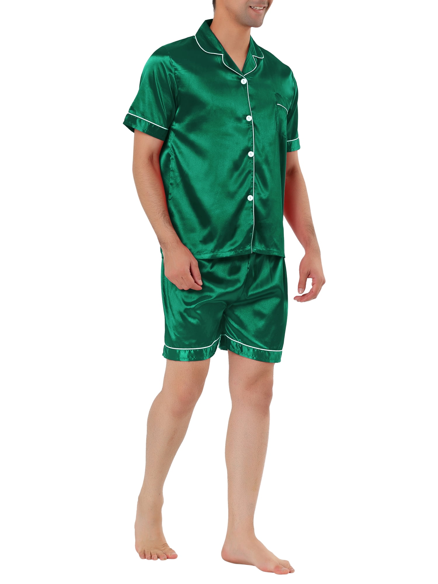 Unique Bargains Men's Sleepwear Short Sleeve Top and Pants Satin Pajama Set L Green