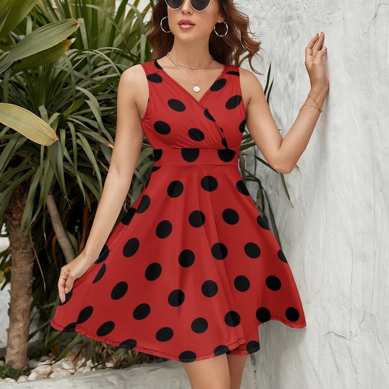 red dress with black dots 1950s Red & White Polka Dot Dress, sz. XS/S
