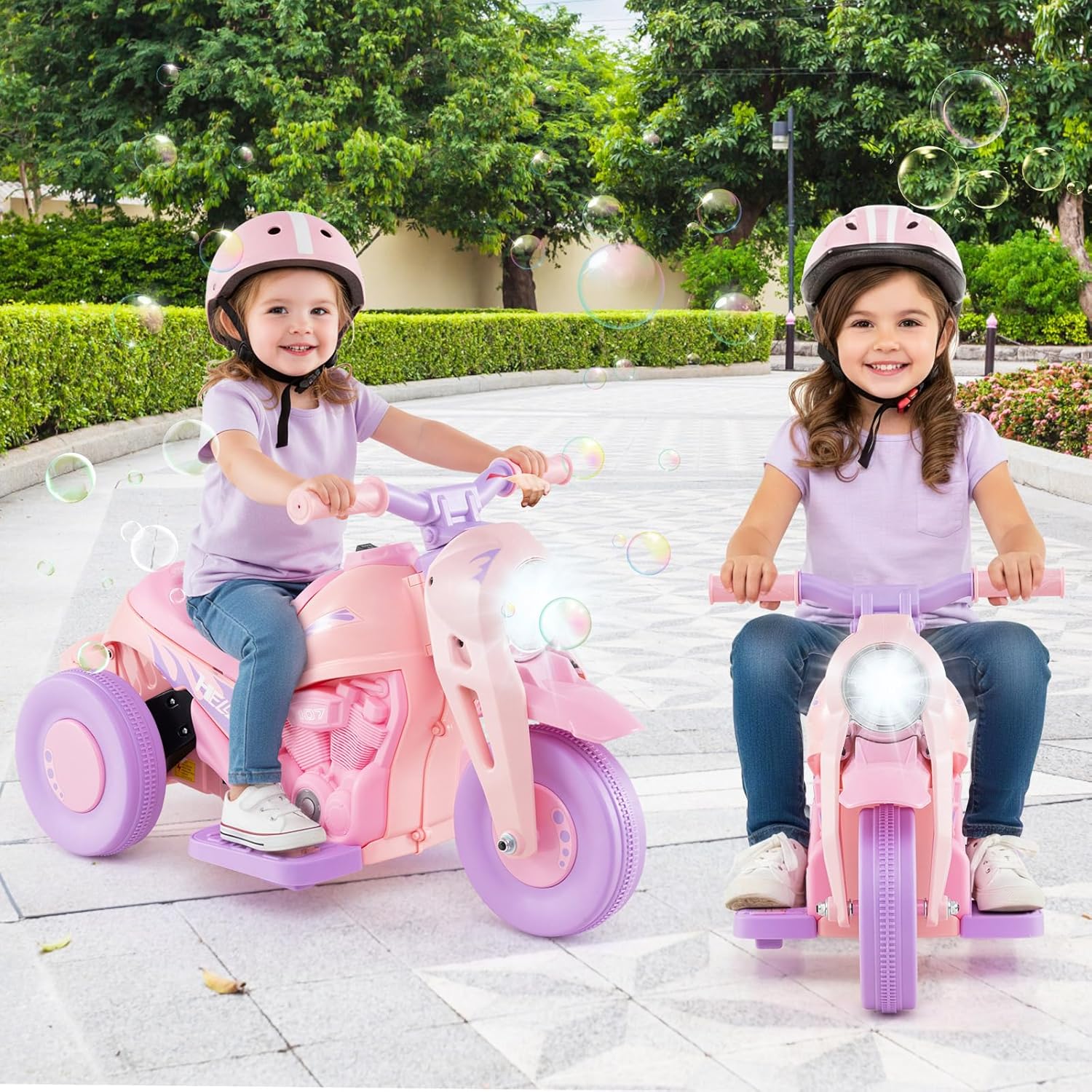 OLAKIDS Kids Motorcycle, 6V Electric Ride On Car with Automatic Bubble Function, Foot Pedal, Headlight, Music, 3 Anti-Skip Wheels Vehicle for Children, Toddler Ages 3+ (Violet)