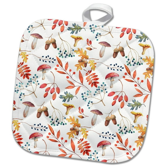 3dRose, Colorful pattern of leaves, mushrooms, berries, acorns on white, 8x8 Potholder