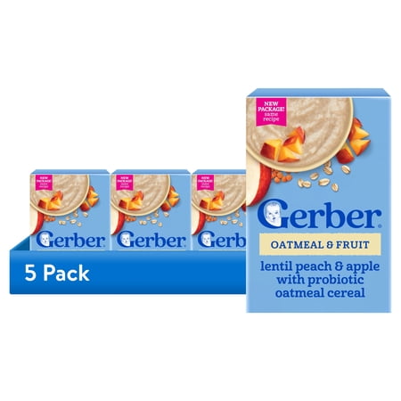 (5 pack) Gerber Toddler Cereal, Lentil Peach & Apple with Probiotic Oatmeal Cereal, Toddler Food 8 oz