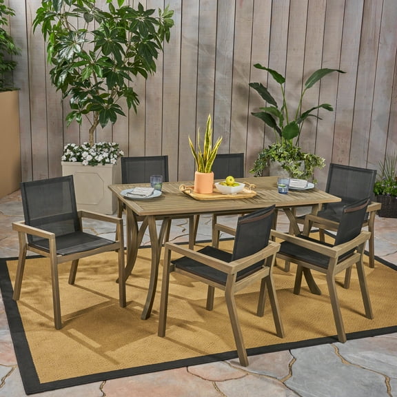Xander Outdoor 7 Piece Acacia Wood and Mesh Rectangular Dining Set, Gray, Black