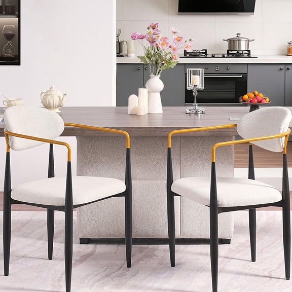 S-HOME Ergonomic Upholstered Dining Chair Set of 2 with Gold-Accented Armrests for Home or Office Use Metal Frame, Beige