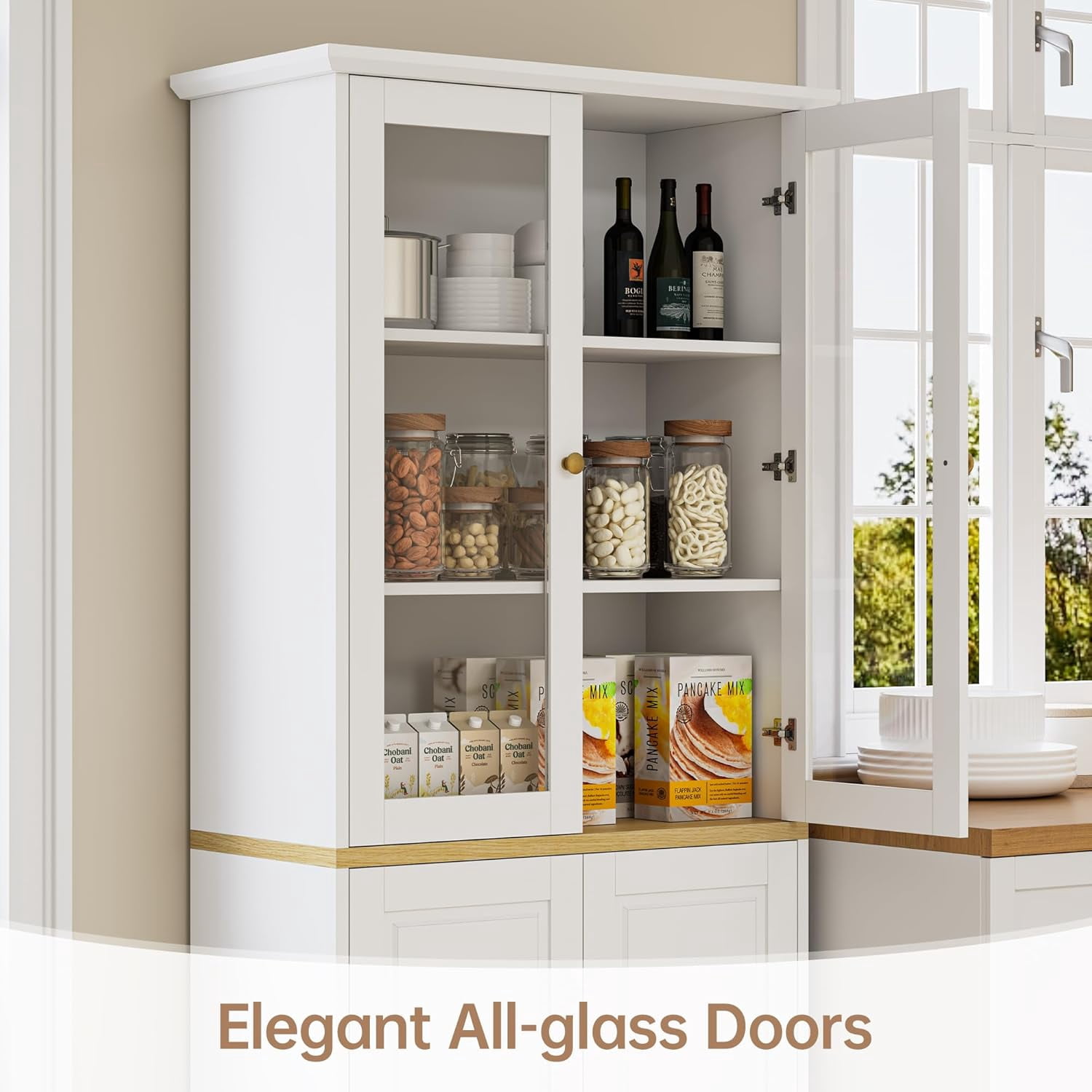 SELOOYE Kitchen Pantry Cabinet, 71" Modern Glass Display Cabinet with Wood Doors, Tall Storage Cabinet with Adjustable Shelves, Freestanding Cupboard for Living Room, Dining Room, Kitchen, White