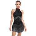 thumbnail image 1 of iiniim Women Rhinestone Fringe Leotard Figure Skating Performance Costume Halter Backless Bodysuit Black M, 1 of 5