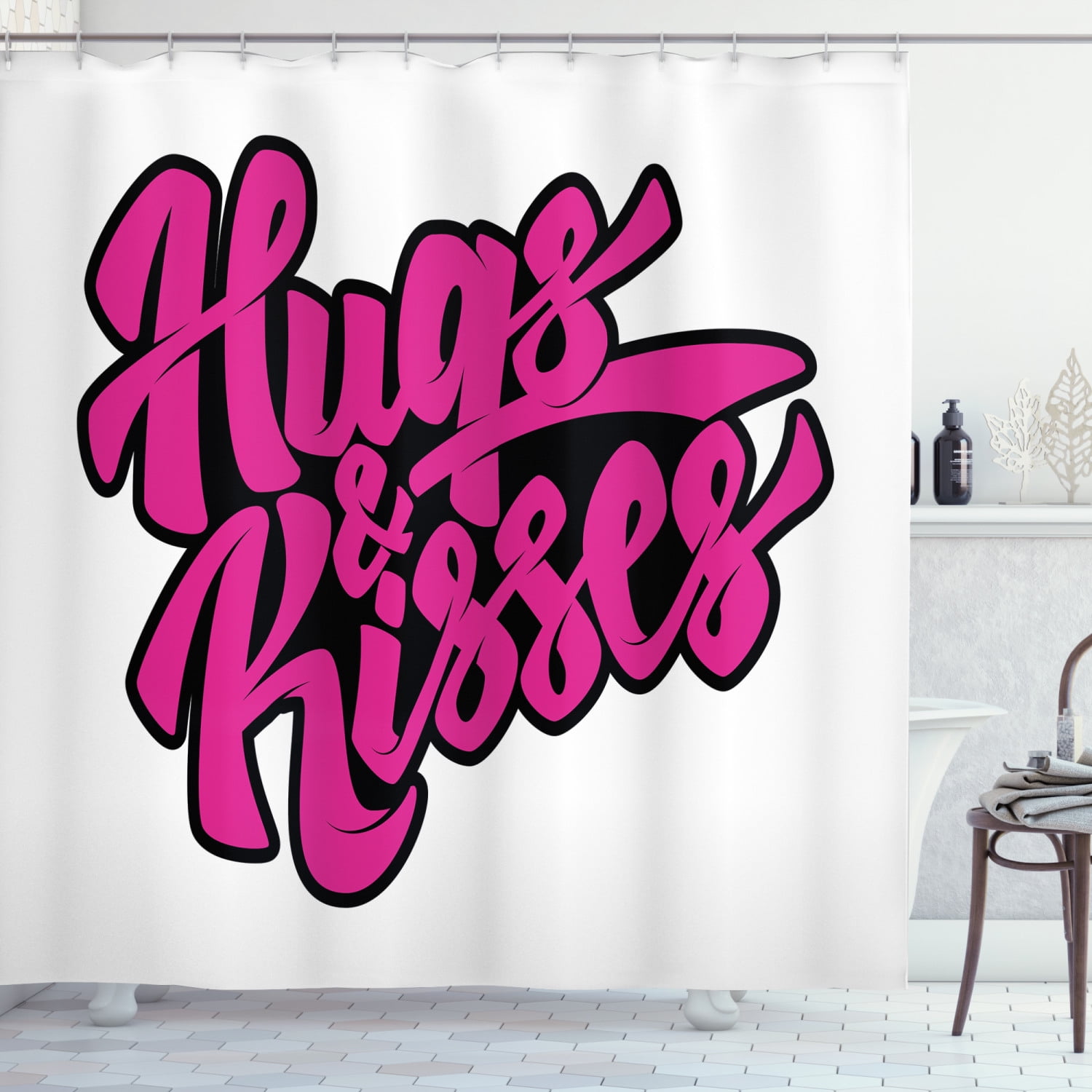 Hug Shower Curtain, Love Theme Hugs and Kisses Calligraphy Modernistic Lettering, Fabric