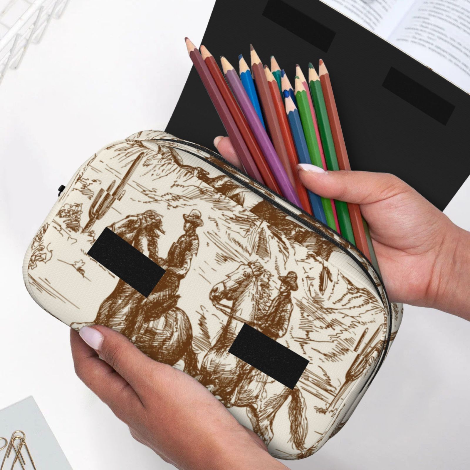 Rateoe Western Desert Cowboys1 Pattern Double Clamshell Pen Case, Storage Organizer with Two Zipper Compartments– Holds Up to 50 Pencils & Pens