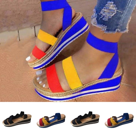 HAOTAGS Women's Peep-Toe Wedges, Gladiator Lace-Up Summer Platform Heel Footwear Blue 6.5