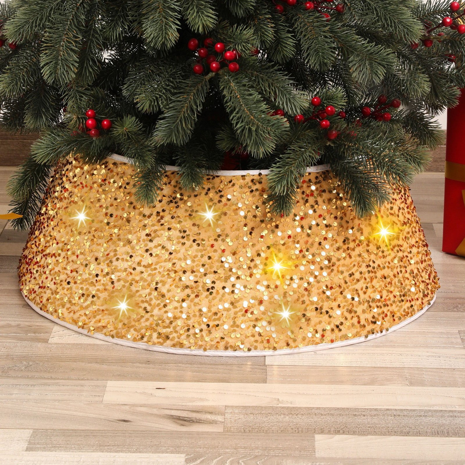 Jupe D'arbre De Noël En Peluche Avec Bordure Dorée - 40x20x56 Cm, Pour Cacher Le Support | Décoration Festive - 3
