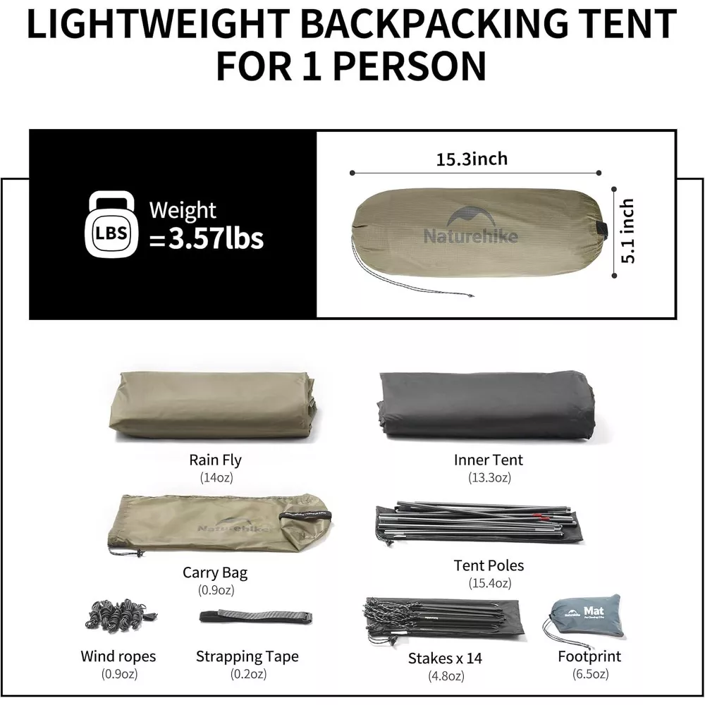 Naturehike 1 Person Tent Lightweight Backpacking Tent with Footprint - Free Standing Ultralight Camping Hiking Backpack Tents, 6.89×3.94ft, Sand