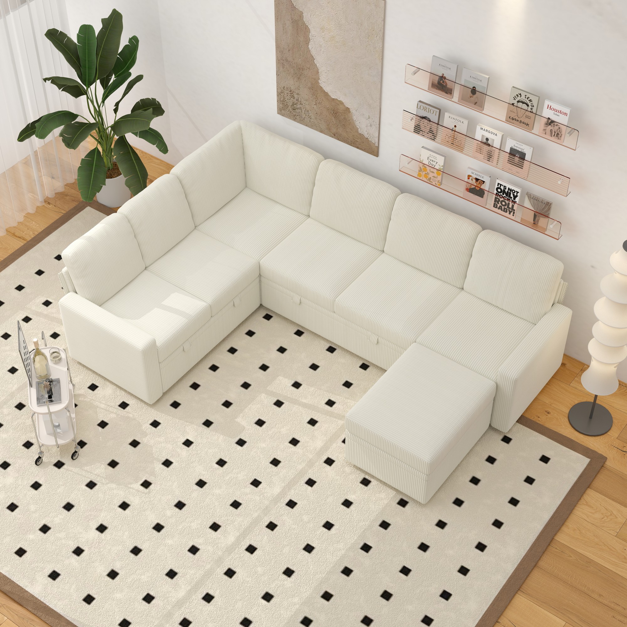 Gewnee 6-Seater Beige L-Shaped Convertible Sofa - Soft-Touch Corduroy Fabric,Multifunctional Storage, for Living Rooms & Halls（including 1 footstool）