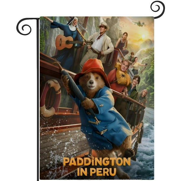 Paddington -bandera de jardín temática. Regalo perfecto para fans, amigos y familiares, ideal para actividades al aire libre y decoración de fiestas.45CM*100CM