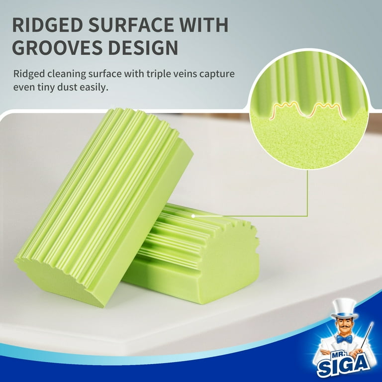 MR.SIGA Sponge Duster, Reusable Duster with Ridged Surface Design, Household Damp Sponge for Dust Cleaning, 4 Pack, Green