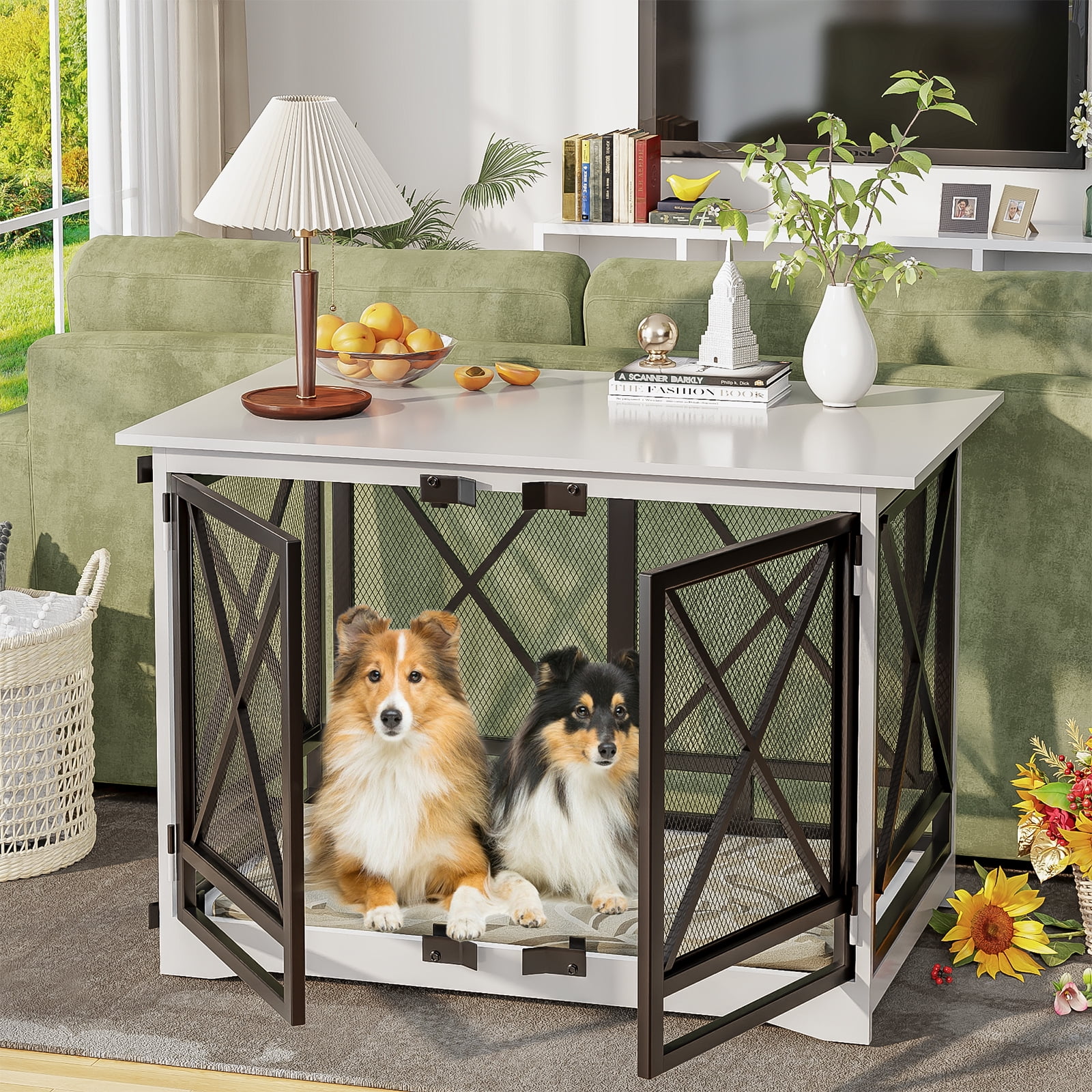 48 inch Extra Large Dog Crate Furniture,Double Door Indoor Kennel,End Side Table Wooden Dog Crates,Anti-Chew Anti-Escape, White
