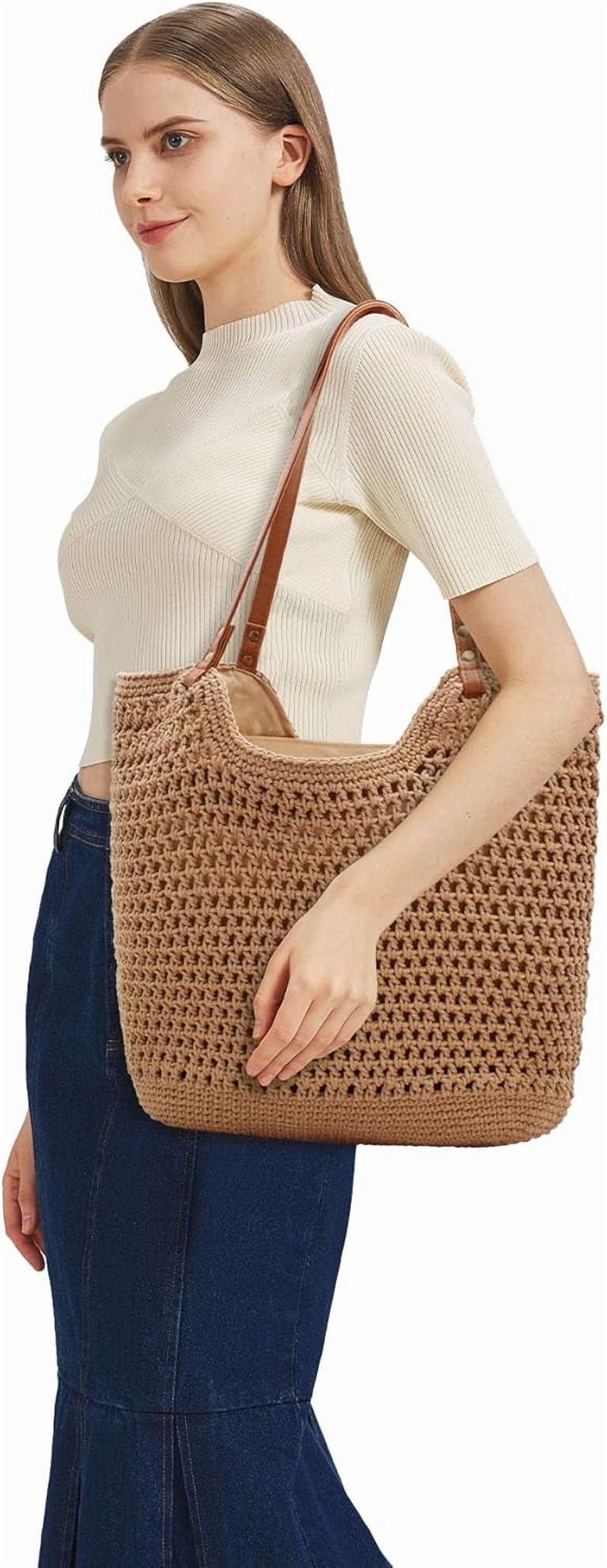 CAILDANL Boho Crochet Summer Handbag Handmade Cotton Rope Knit Shoulder Bags for Women Bohemia Tote for Travel