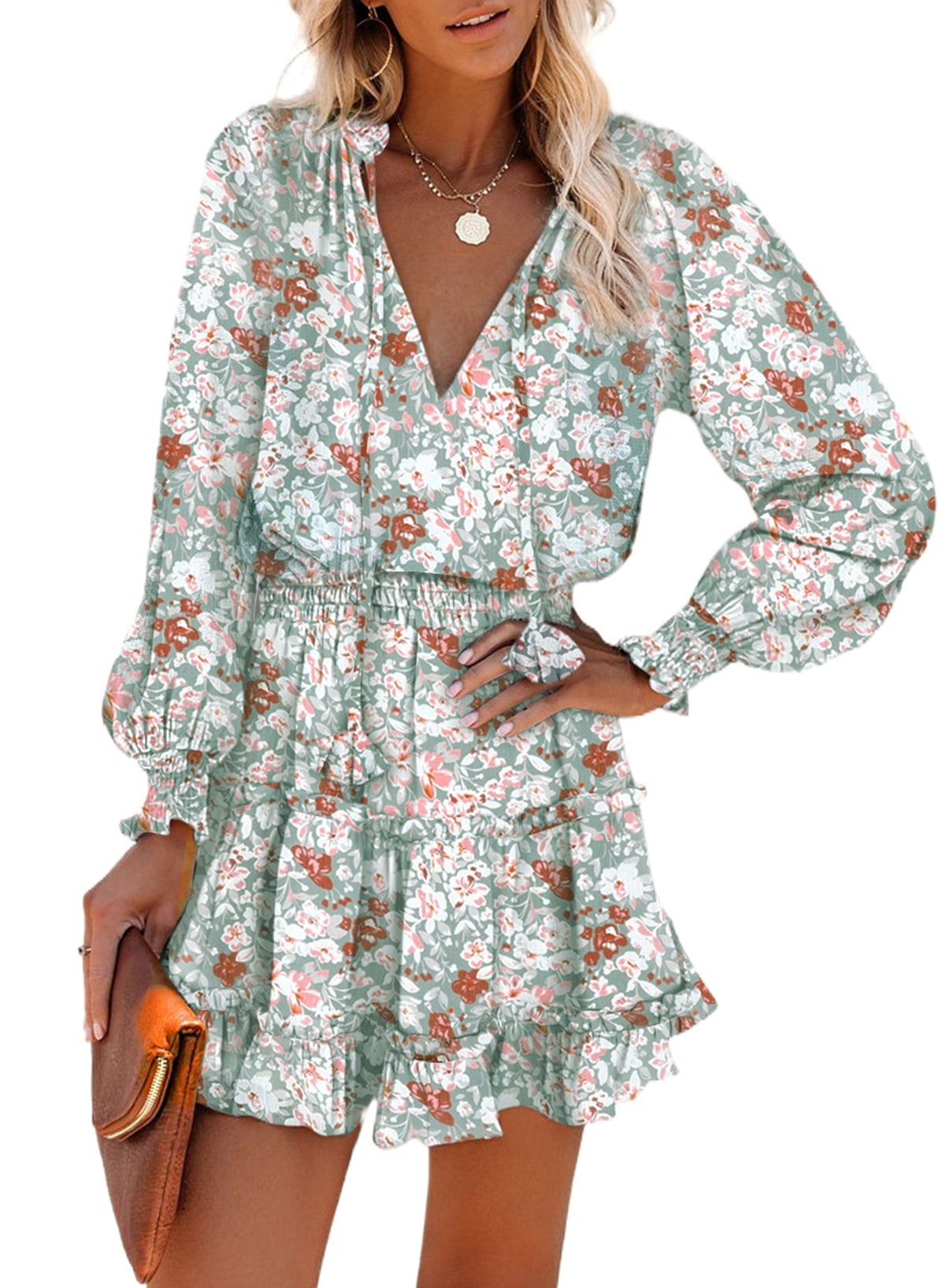 Asyoly Womens Dresses Summer Casual Long Sleeve Chiffon Elegant Smocked Ruffle Layer Tunic Dress