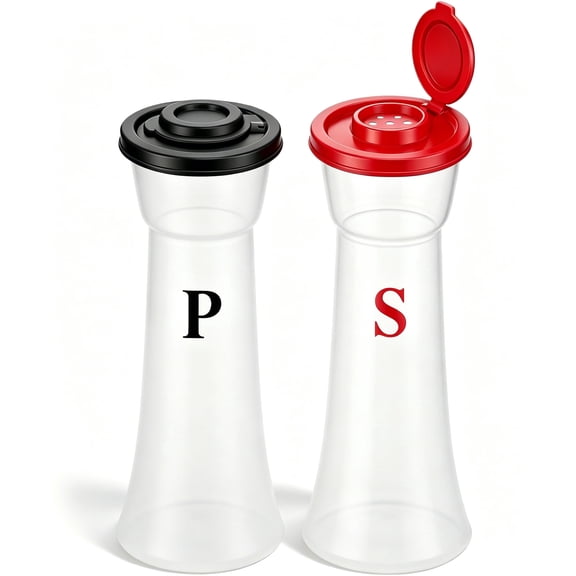 Set of 2 Clear Salt and Pepper Shakers, Plastic Spice Jars with Colorful Lids, Leakproof Moisture-Proof for Home Kitchen Restaurant, Camping, Travel, Picnic (Black Red)