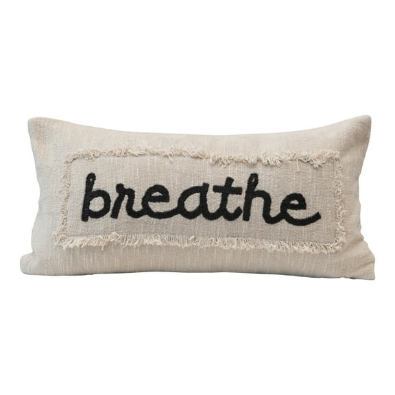 Creative Co-Op Creative Co-Op Embroidered Lumbar Pillow with Eyelash Fringe and "Breathe" Design, Cream and Charcoal