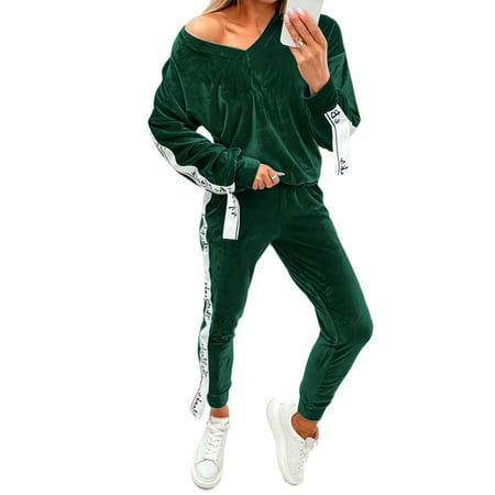 

Colisha Loose Fit Sports Pajamas Suits for Women Casual Straps Stitched Lounge Sets Elastic Waist With Pockets Sweatsuits Blackish Green S