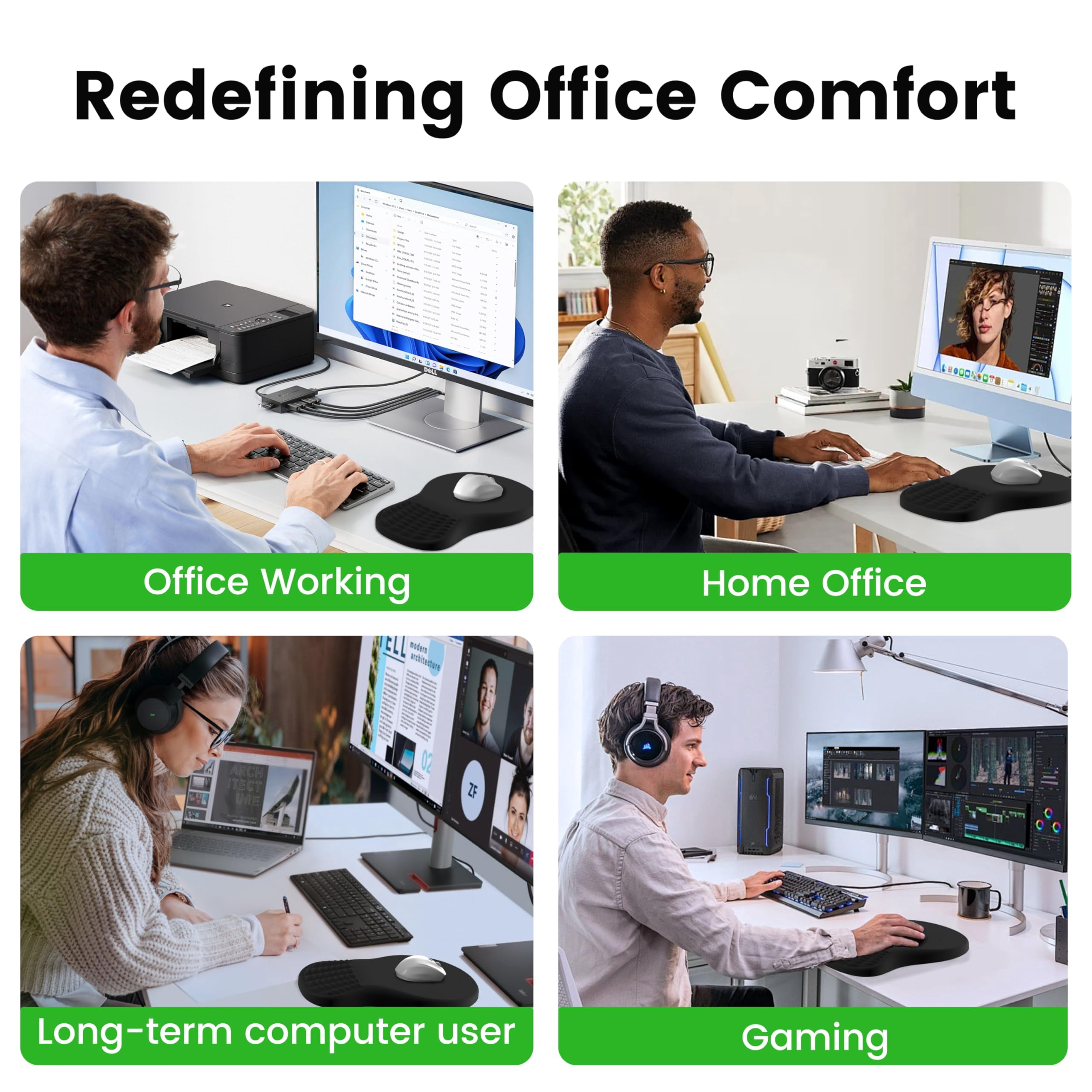 Mouse Pad With Wrist Rest  Memory Foam Support For Carpal Tunnel Non-slip Pu Base Comfortable Mousepad Office Home (black)