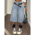 thumbnail image 3 of Women High Waist Denim Culottes, Wide Leg Cropped Jeans with Pockets, 3 of 3
