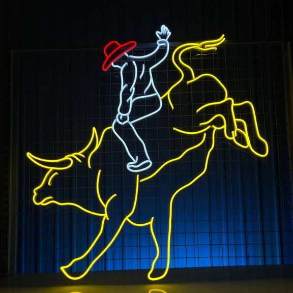 Glowneon Cowboy Riding Buffalo Neon Sign, Cowboy Long-lasting Decor