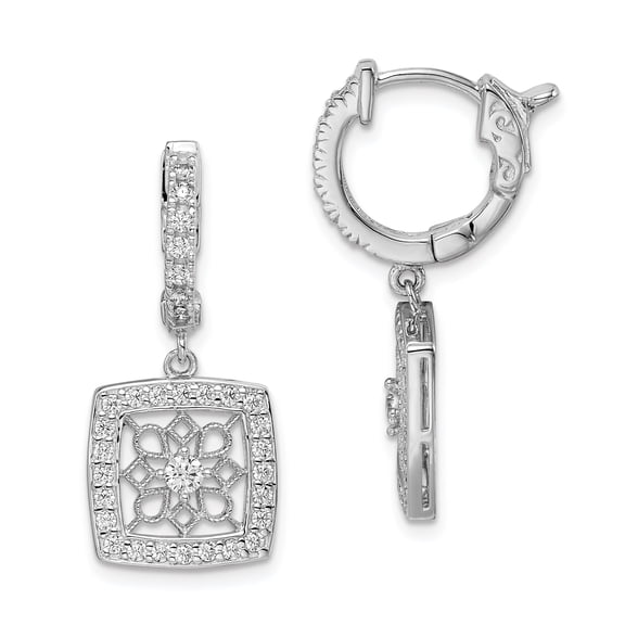 Primal Silver Sterling Silver Rhodium Plated Cubic Zirconia Hinged Hoop Dangle Square Snowflake Earrings