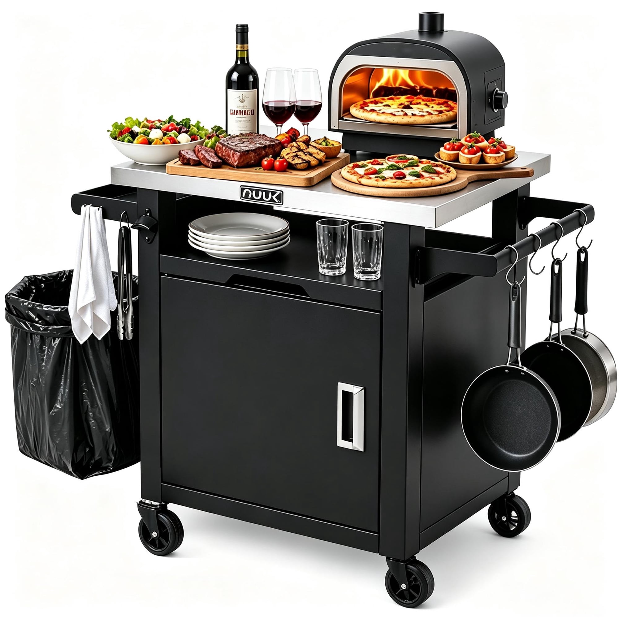 NUUK Outdoor Grill Table with Storage Cabinet, Stainless Steel Grill Cart Pizza Oven Table with Wheels, 20"x30" Rolling Prep Station Outdoor Bar Cart for BBQ, Deck, Backyard