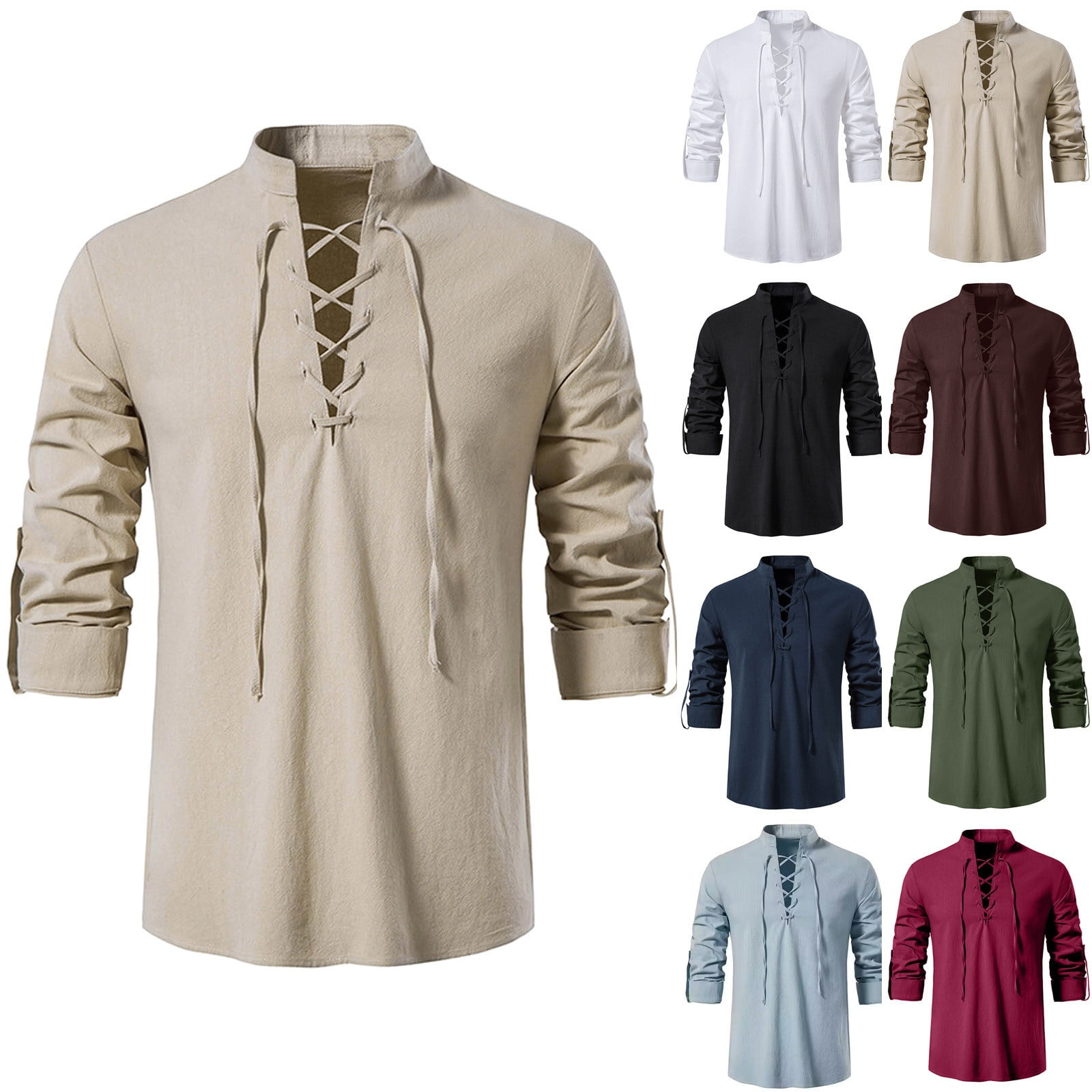 Nokdvo Men's Retro Lace Up Shirts Long Sleeved Costume for Halloween Viking Pirate Cosplay Top Linen Costume Tops,Khaki XL