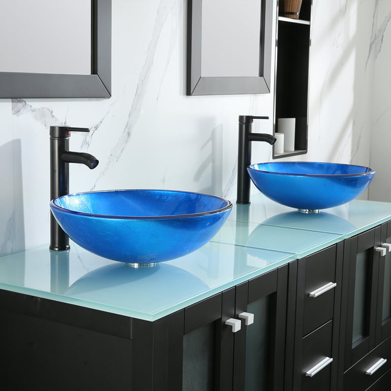 Wonline 60 inch Black Round Double Vessel Sink Vanity Cabinet Tempered Glass Top w/ Mirror, Size: 24.4, Blue
